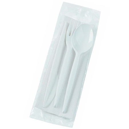 Set Posate di Plastica Forchetta, Coltello, Cucchiaio e Tovagliolo Bianco (25 Pezzi)