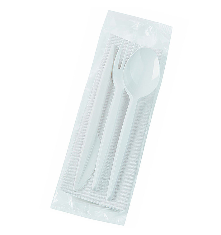 Set Posate di Plastica Forchetta, Coltello, Cucchiaio e Tovagliolo Bianco (500 Pezzi)
