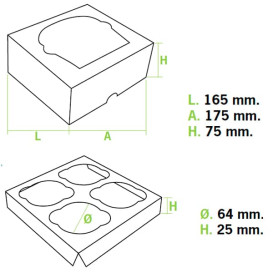 Scatola 4 Cupcakes con Inserto 17,3x16,5x7,5cm Bianco (20 Pezzi)