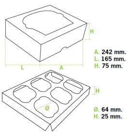 Scatola 6 Cupcakes con Inserto 24,3x16,5x7,5cm Bianco (100 Pezzi)