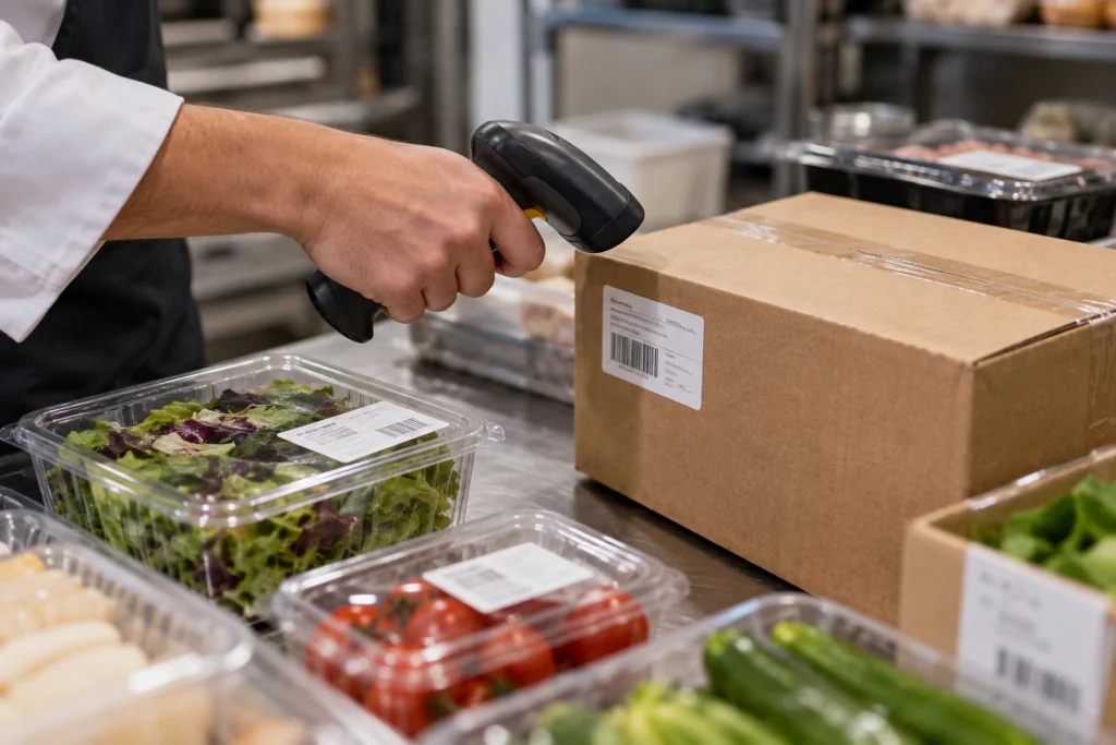Addetto scansiona etichette e numeri di lotto nei tipi di tracciabilità degli alimenti