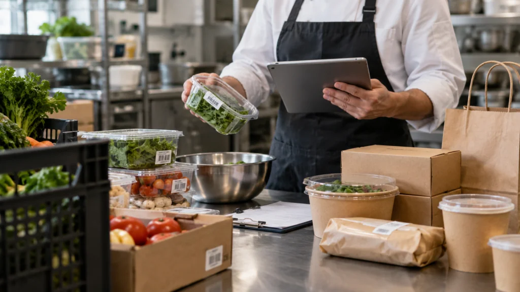 Addetto controlla prodotti e registri per gestire i tipi di tracciabilità degli alimenti in un ristorante